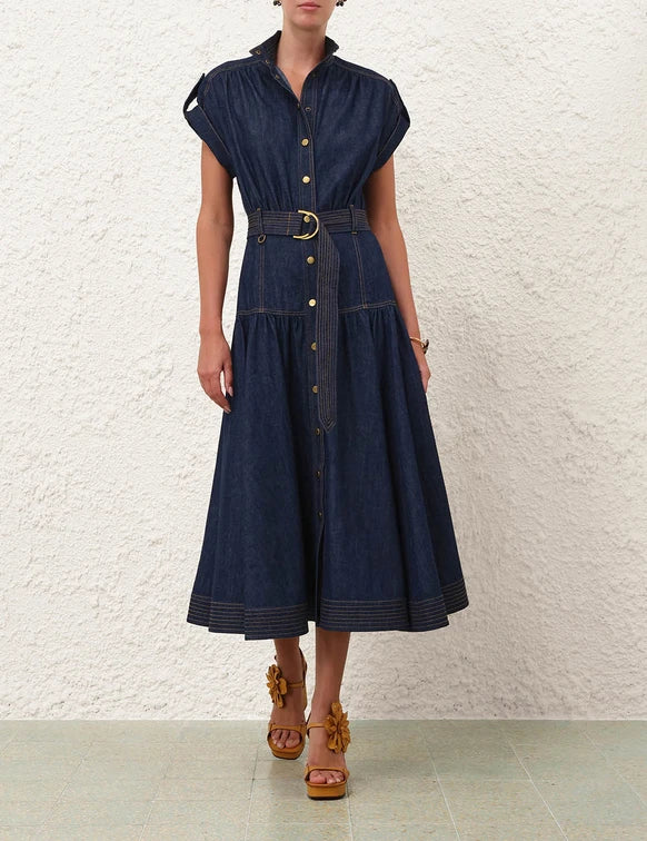 ZIMMERMANN Denim Midi Dress | Women's Cotton High Collar Short Sleeve Dress | Harbour Blue