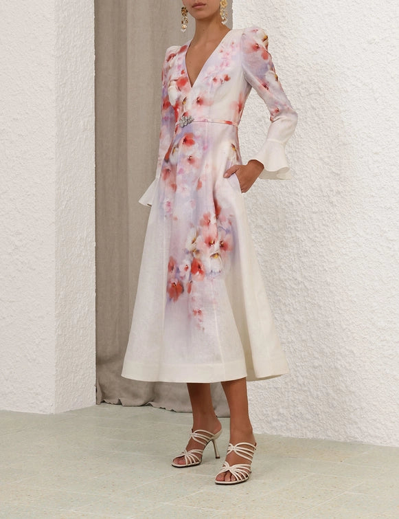 ZIMMERMANN Crush Frill Sleeved Midi Dress