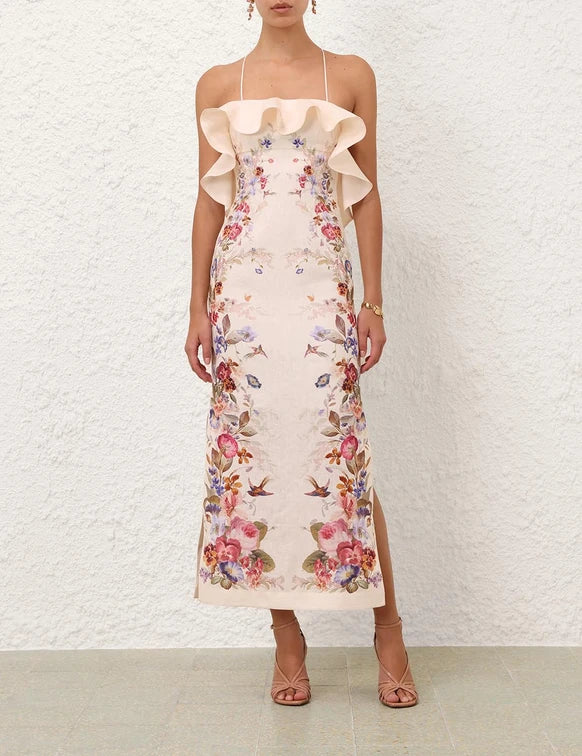 ZIMMERMANN Patience Frill Midi Dress | Women's Designer Linen Floral Midi Dress | Vanilla Floral