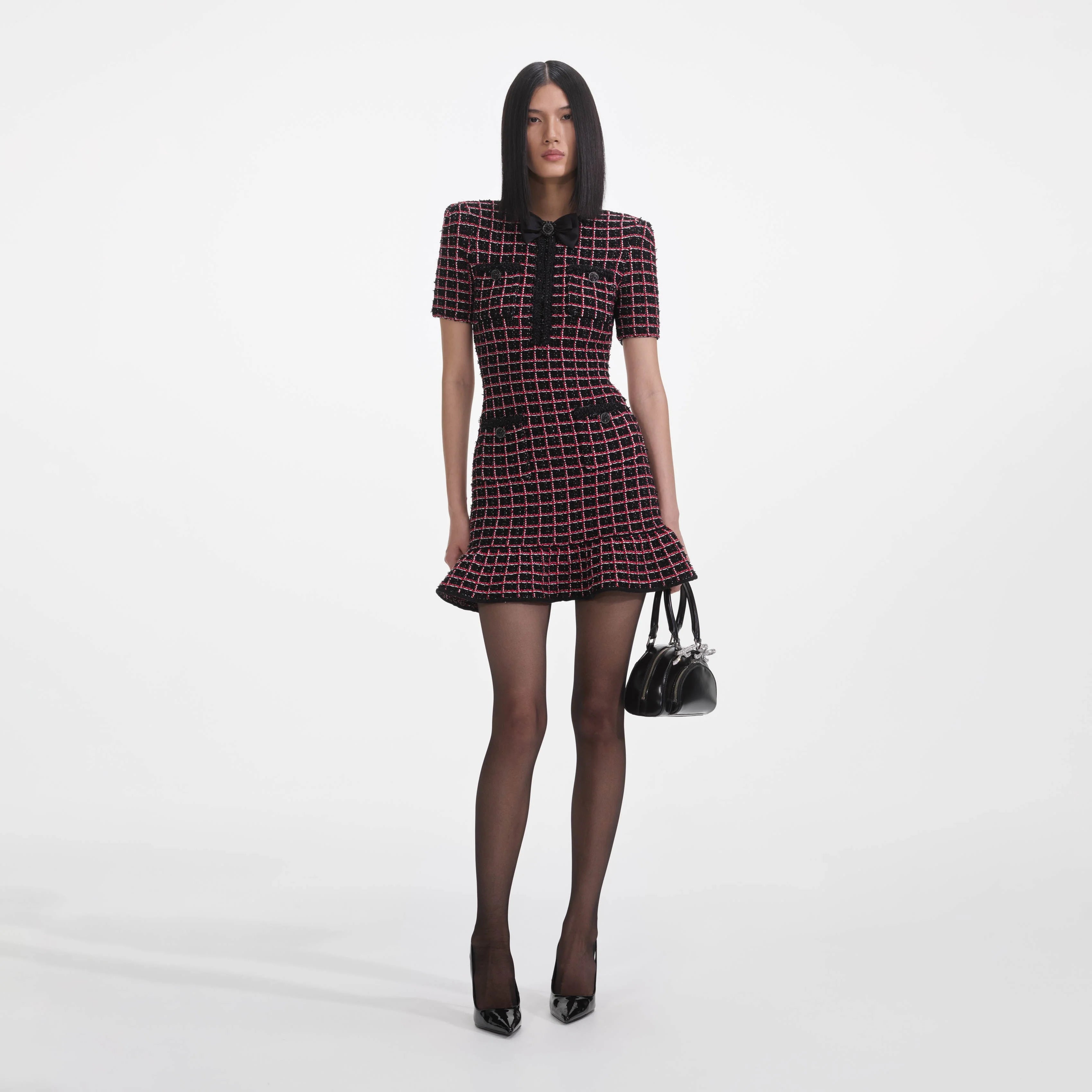 Self-Portrait Check Knit Mini Dress Black and Red Black and Red / S Self-Portrait Check Knit Mini Dress Black and Red Black and Red / S