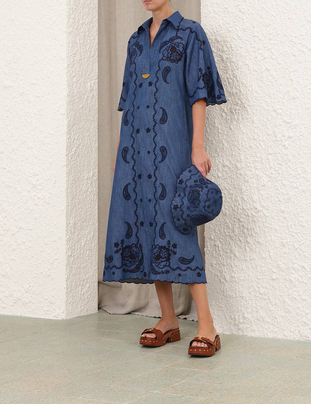 ZIMMERMANN Aster Embroidered Denim Midi Dress