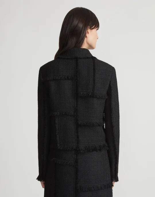 LAFAYETTE 148 Boucle Tweed Hand Fringed Patchwork Cropped Jacket