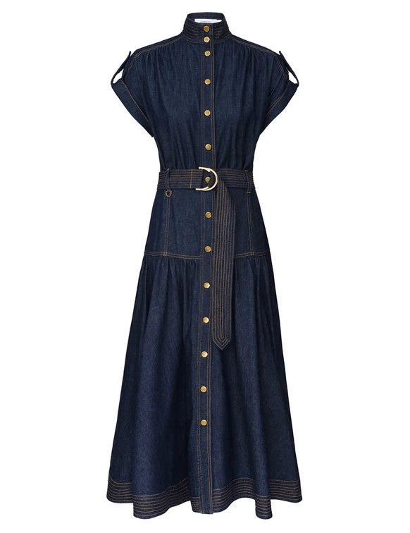 ZIMMERMANN Denim Midi Dress | Women's Cotton High Collar Short Sleeve Dress | Harbour Blue