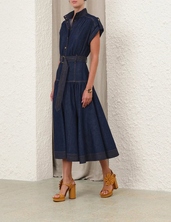 ZIMMERMANN Denim Midi Dress | Women's Cotton High Collar Short Sleeve Dress | Harbour Blue