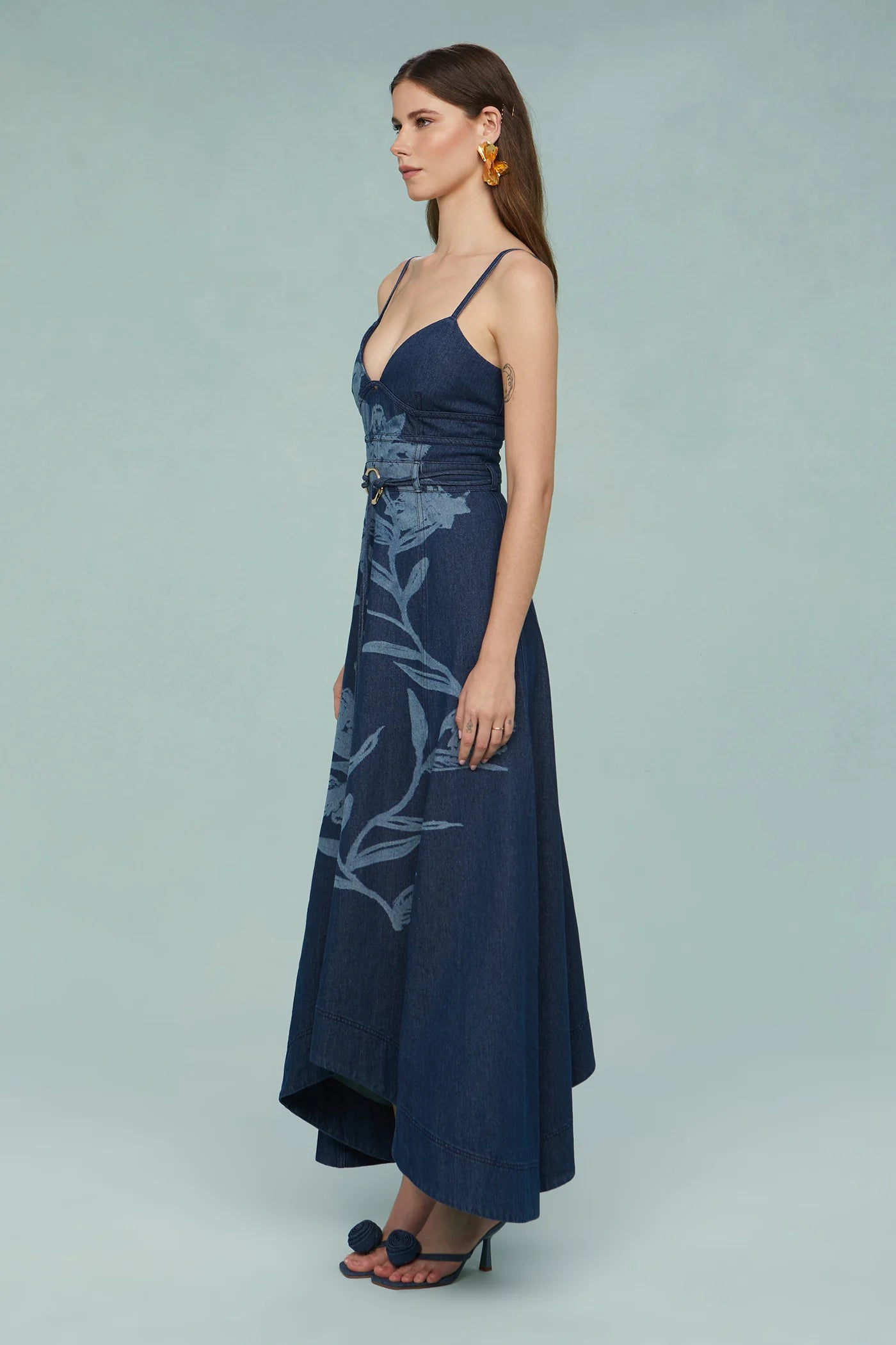 AMUR Dana Printed Denim Midi Dress