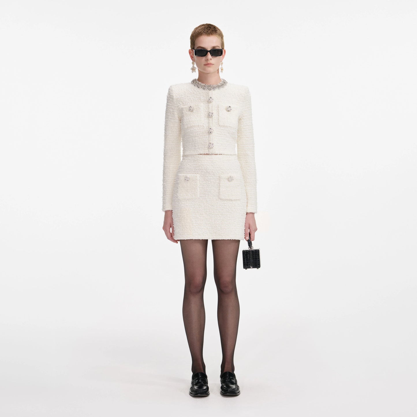 SELF-PORTRAIT Cream Textured Knit Mini Skirt