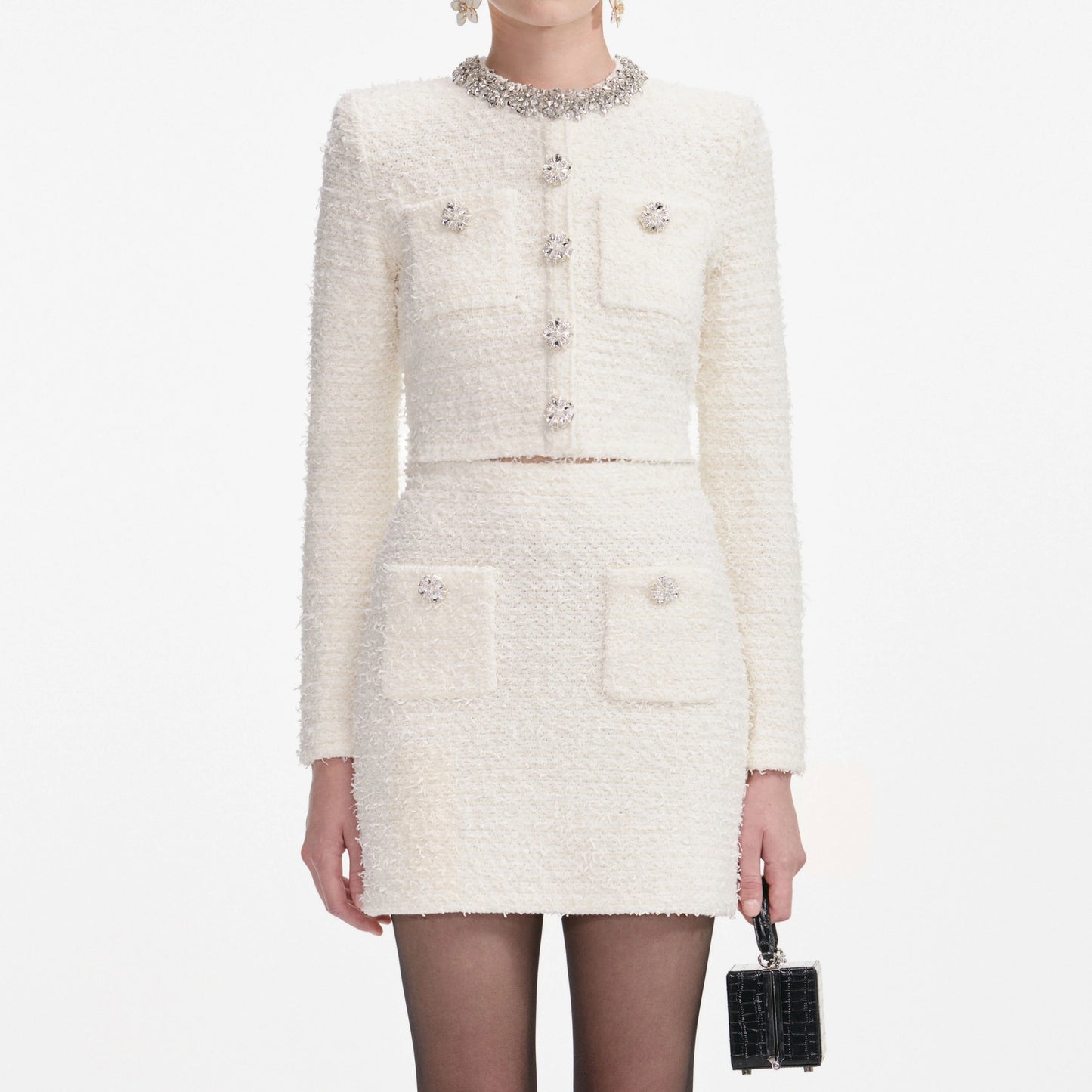 SELF-PORTRAIT Cream Textured Knit Mini Skirt