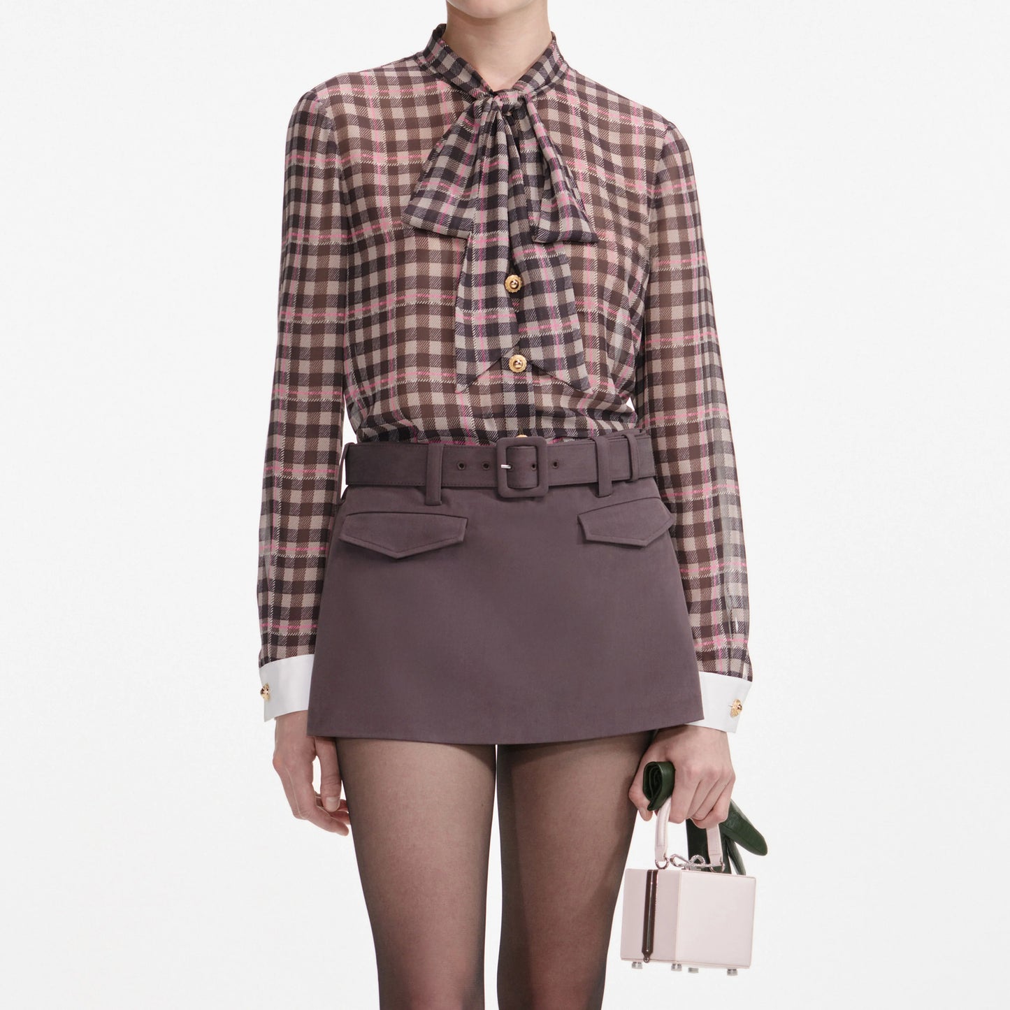 SELF-PORTRAIT Brown Check Chiffon Blouse