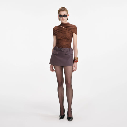 SELF-PORTRAIT Brown Rhinestone Mesh Cut-Out Top