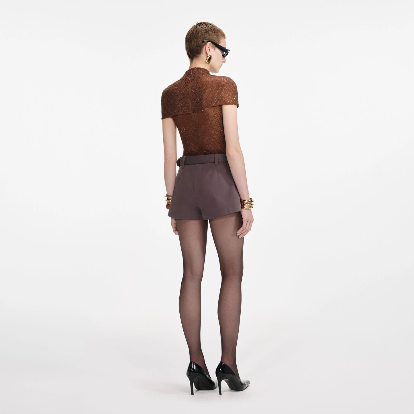 SELF-PORTRAIT Brown Rhinestone Mesh Cut-Out Top