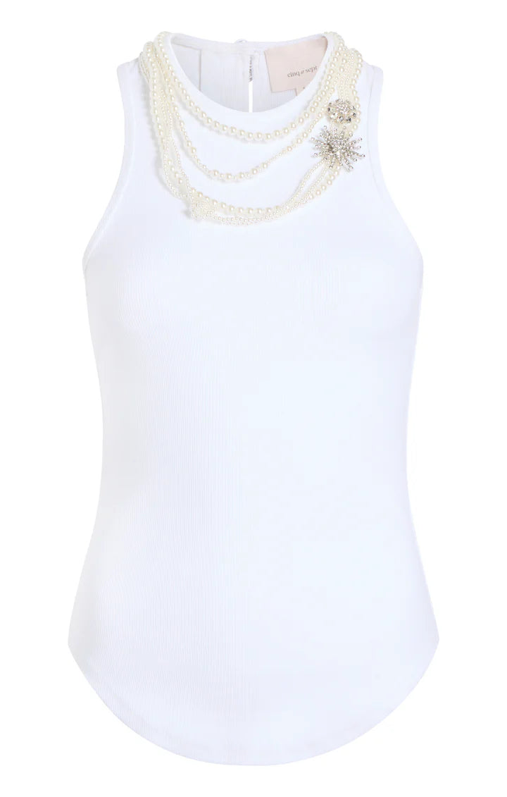 CINQ A SEPT Pearl Chain Embellished Lizzie Tank