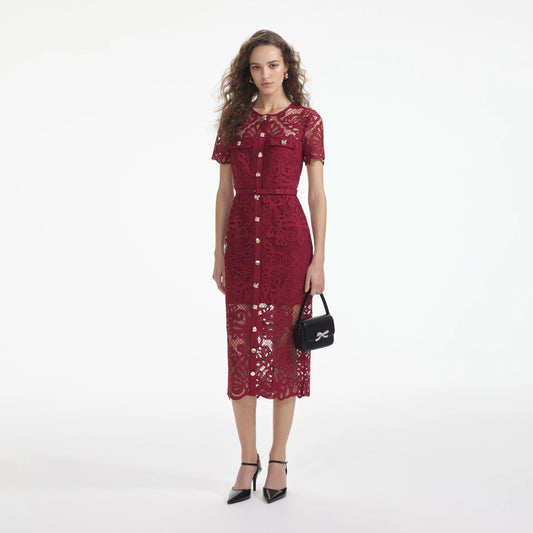 SELF PORTRAIT Red Guipure Lace Button Midi Dress