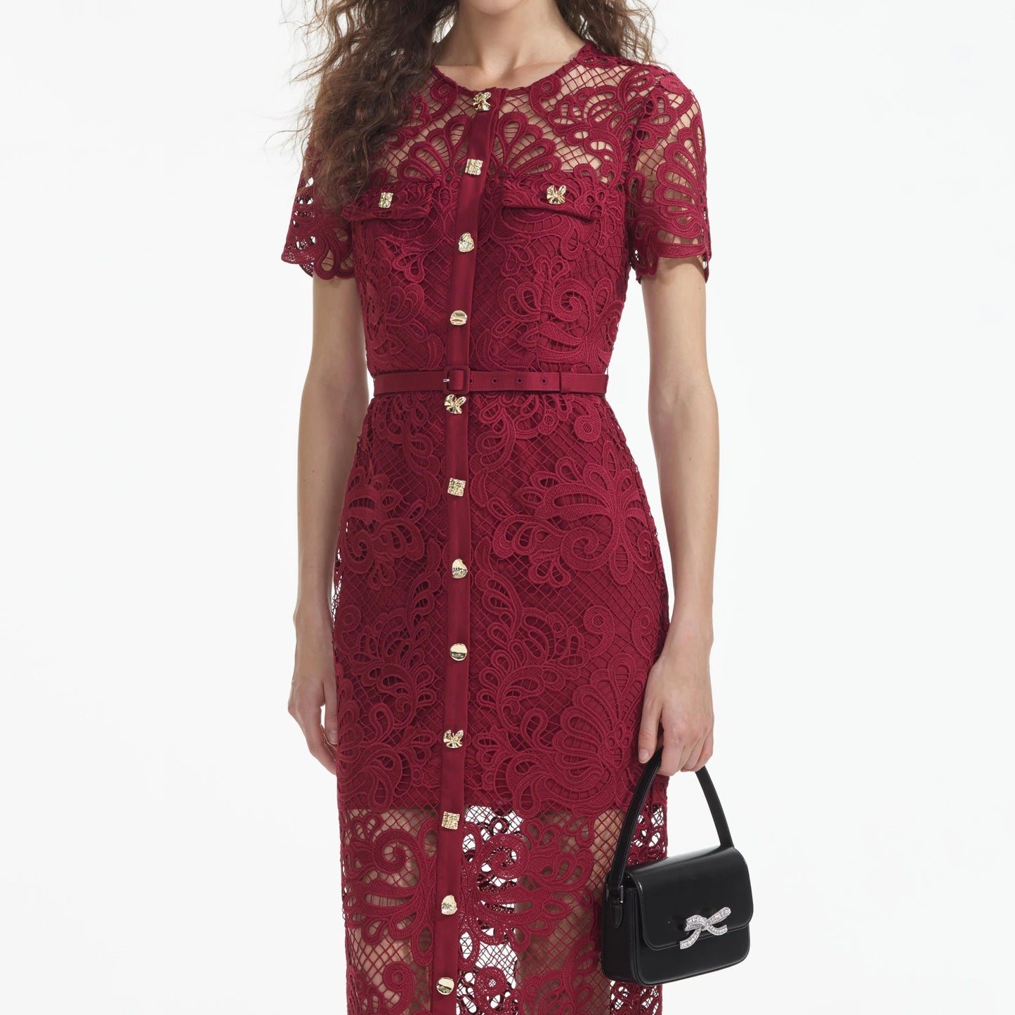 SELF PORTRAIT Red Guipure Lace Button Midi Dress