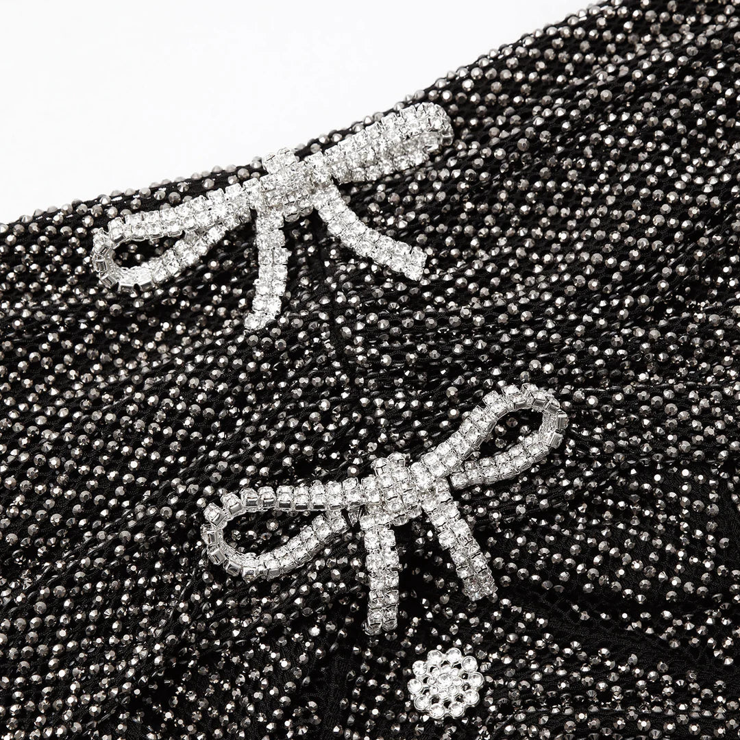 SELF-PORTRAIT Black Bow Rhinestone Midi Dress