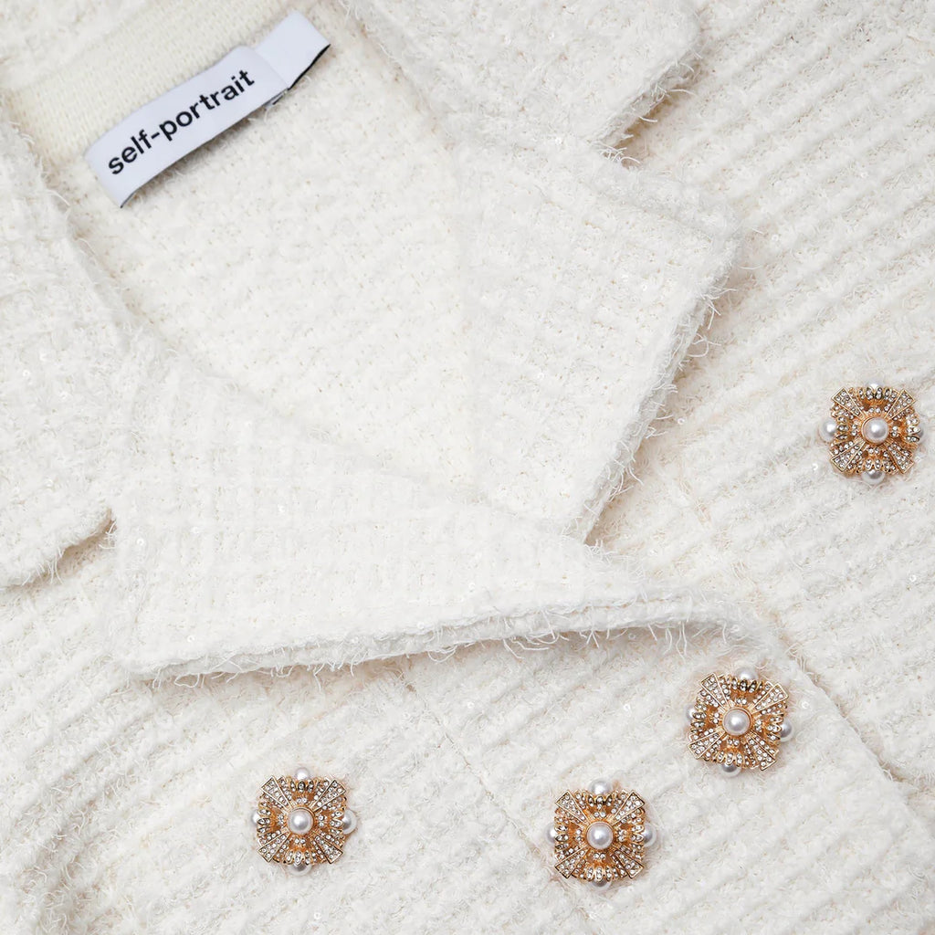 SELF-PORTRAIT Cream Sequin Textured Knit Jacket