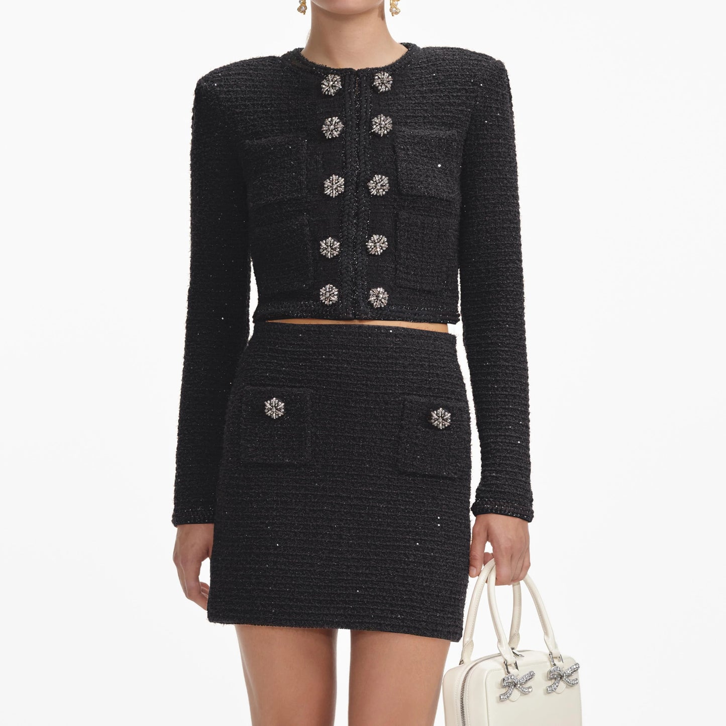 SELF PORTRAIT Black Textured Knit Mini Skirt