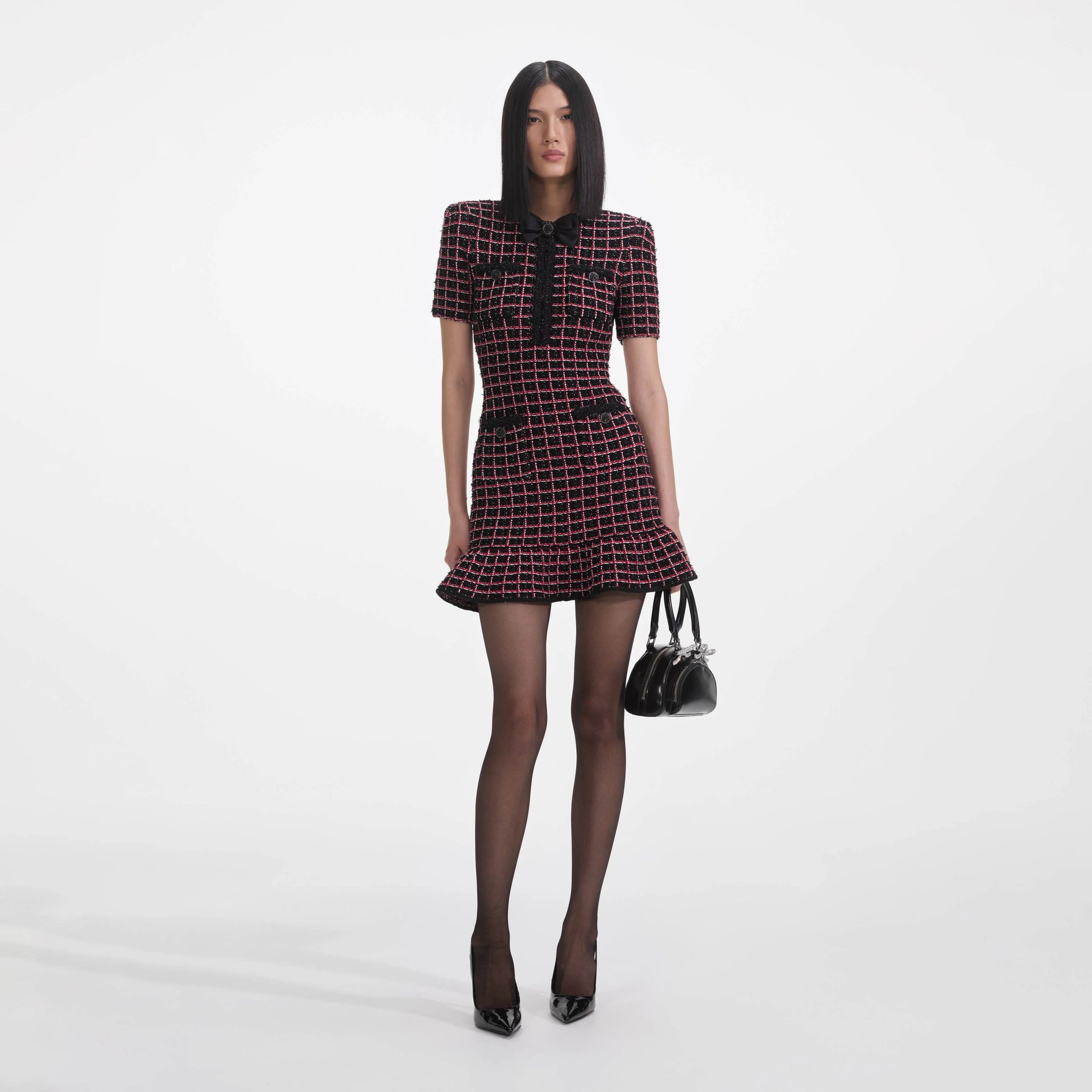 Self-Portrait Check Knit Mini Dress Black and Red Black and Red / S