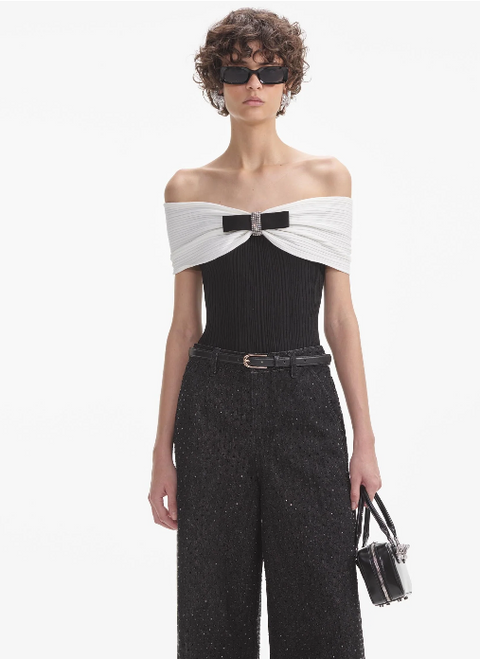 SELF PORTRAIT Black Knit Bow Top