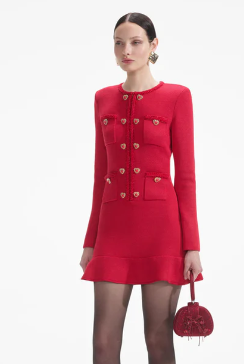 SELF PORTRAIT Red Knit Heart Buttoned Mini Dress