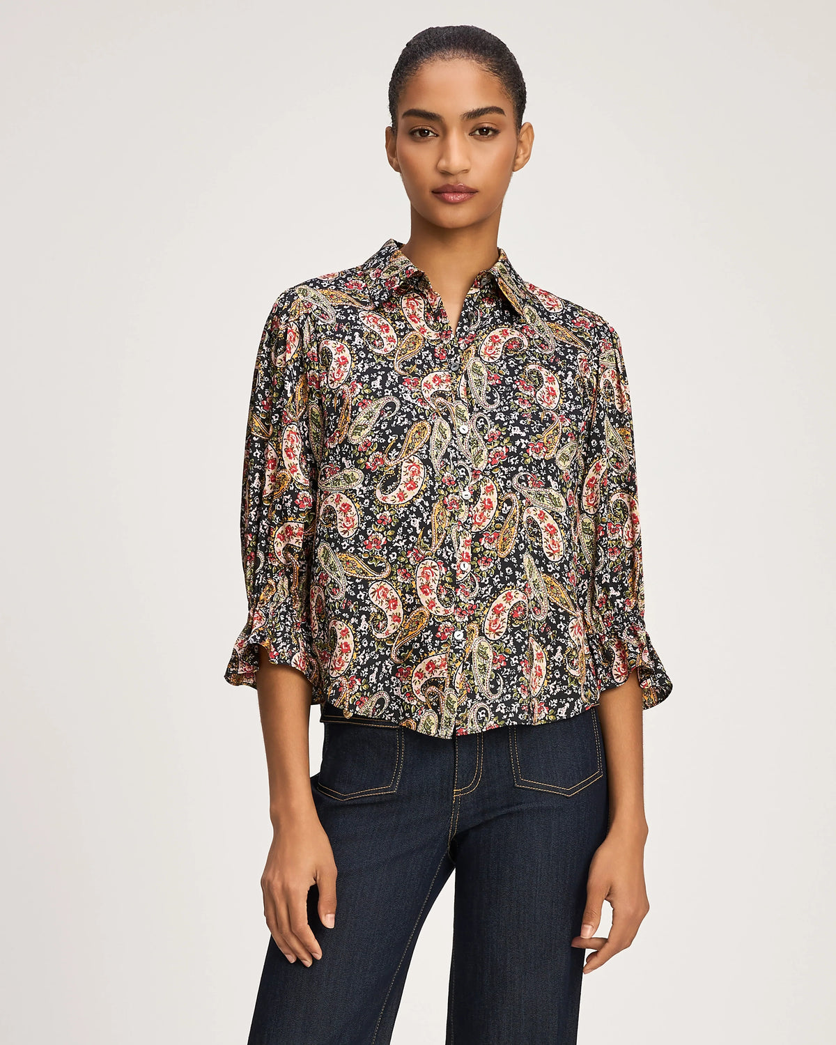 CINQ A SEPT Rose Paisley Three Quarter Sleeve Fiona Top