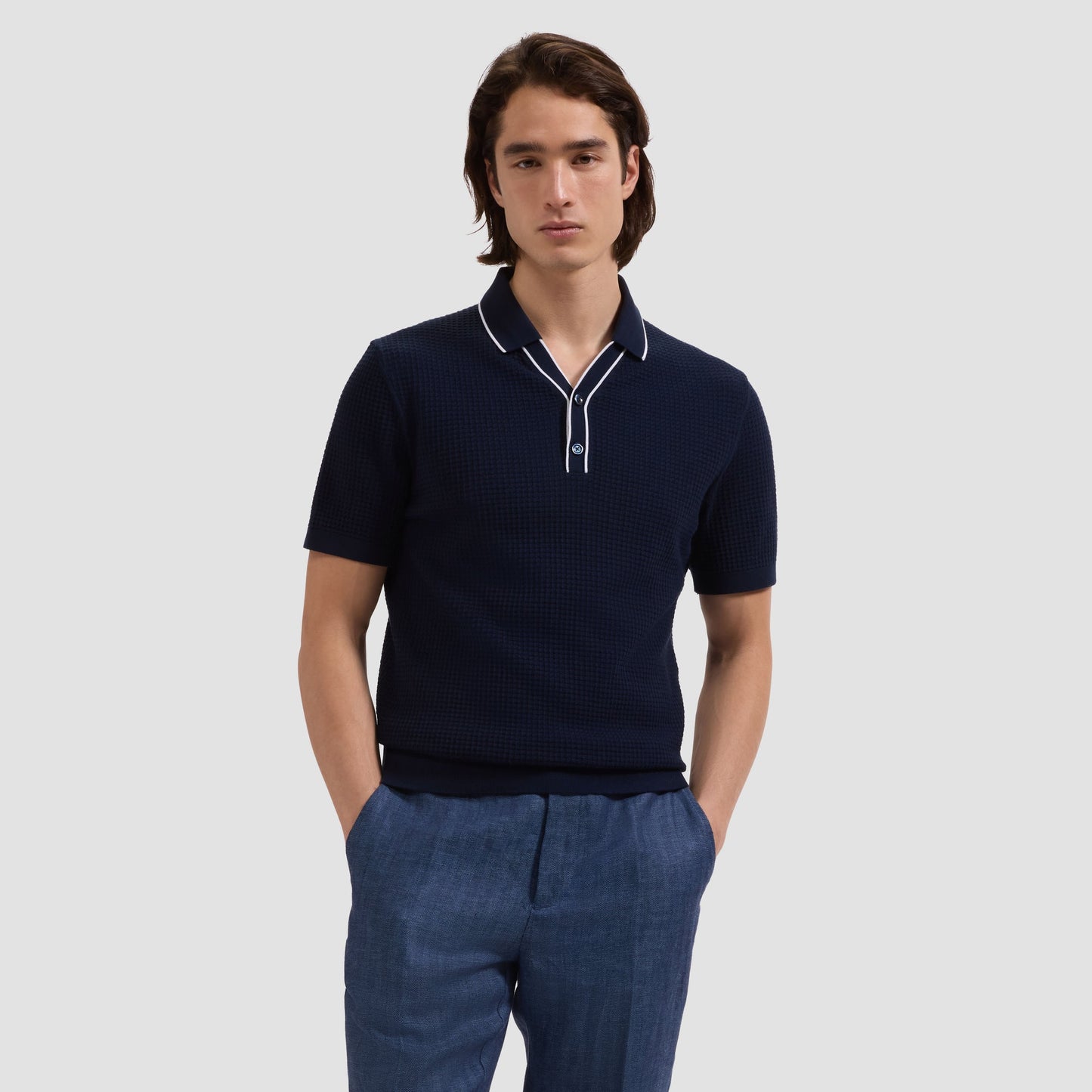 BUGATCHI Waffle Knit Johnny Collar Short Sleeve Sweater