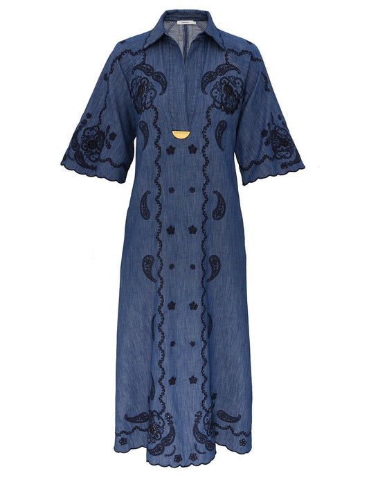 ZIMMERMANN Aster Embroidered Denim Midi Dress
