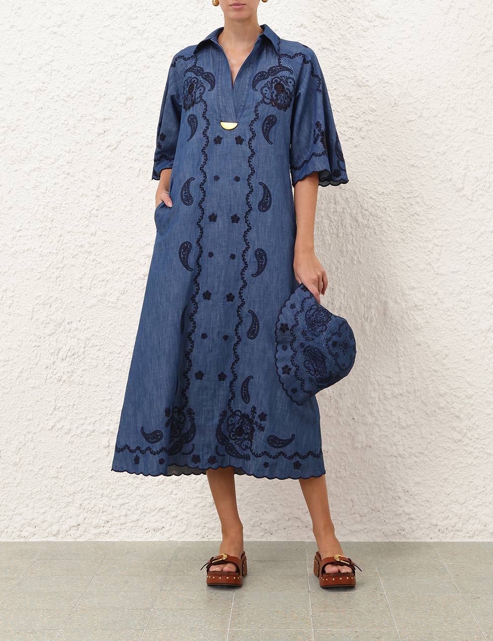 ZIMMERMANN Aster Embroidered Denim Midi Dress