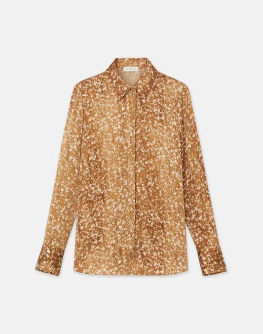 LAFAYETTE 148 Floating Leaves Print Textured Silk Satin Button Shirt