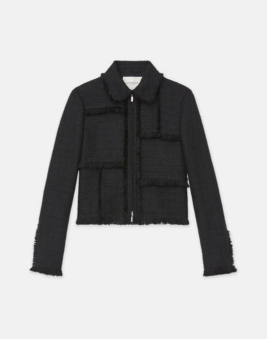 LAFAYETTE 148 Boucle Tweed Hand Fringed Patchwork Cropped Jacket