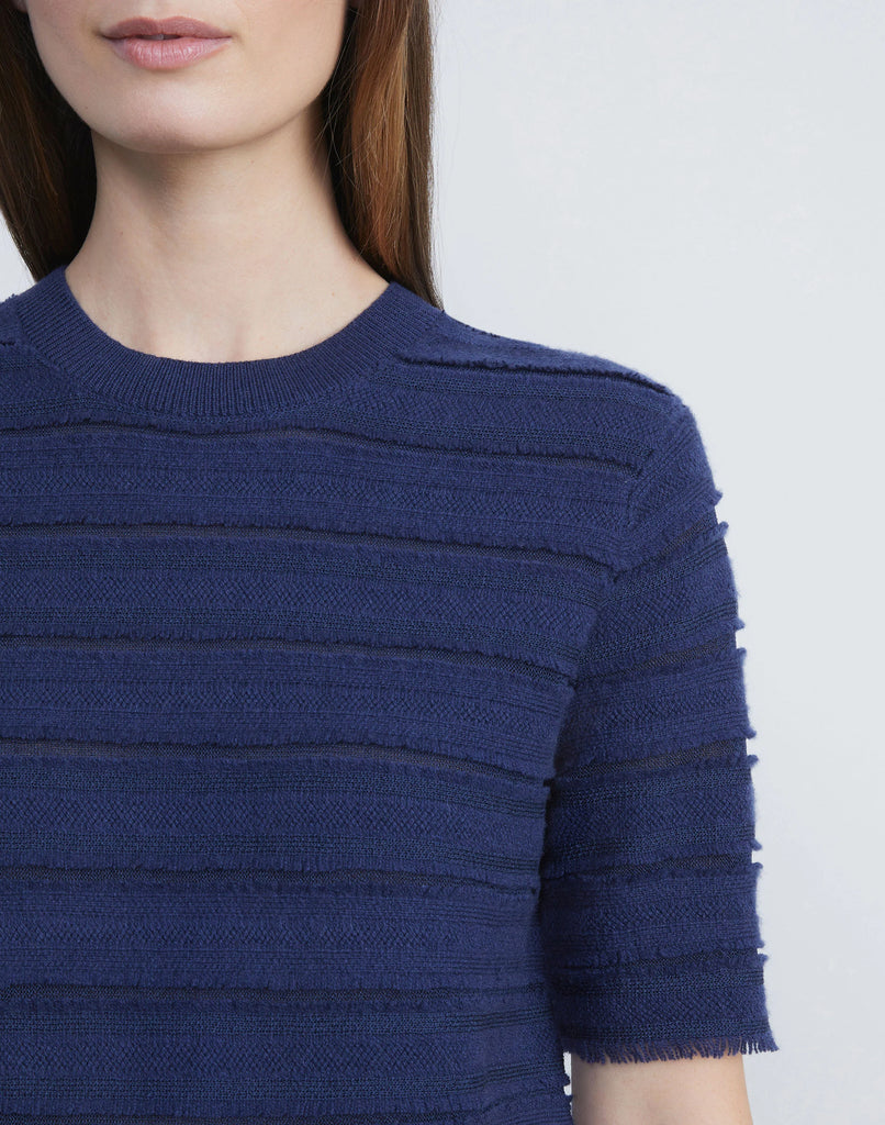 LAFAYETTE 148 Cashmere & Finespun Voile Stripe Jacquard Fringe Sweater