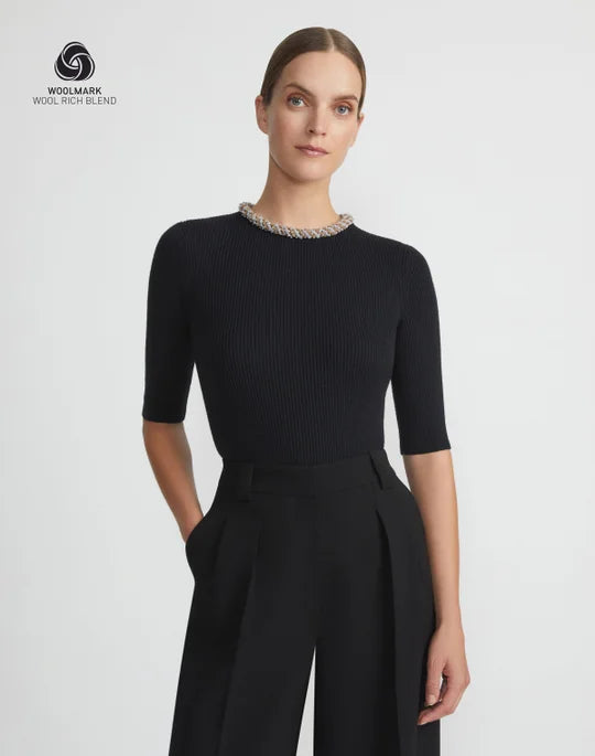 LAFAYETTE 148 Merino Wool-Silk Metallic Baroque Collar Sweater