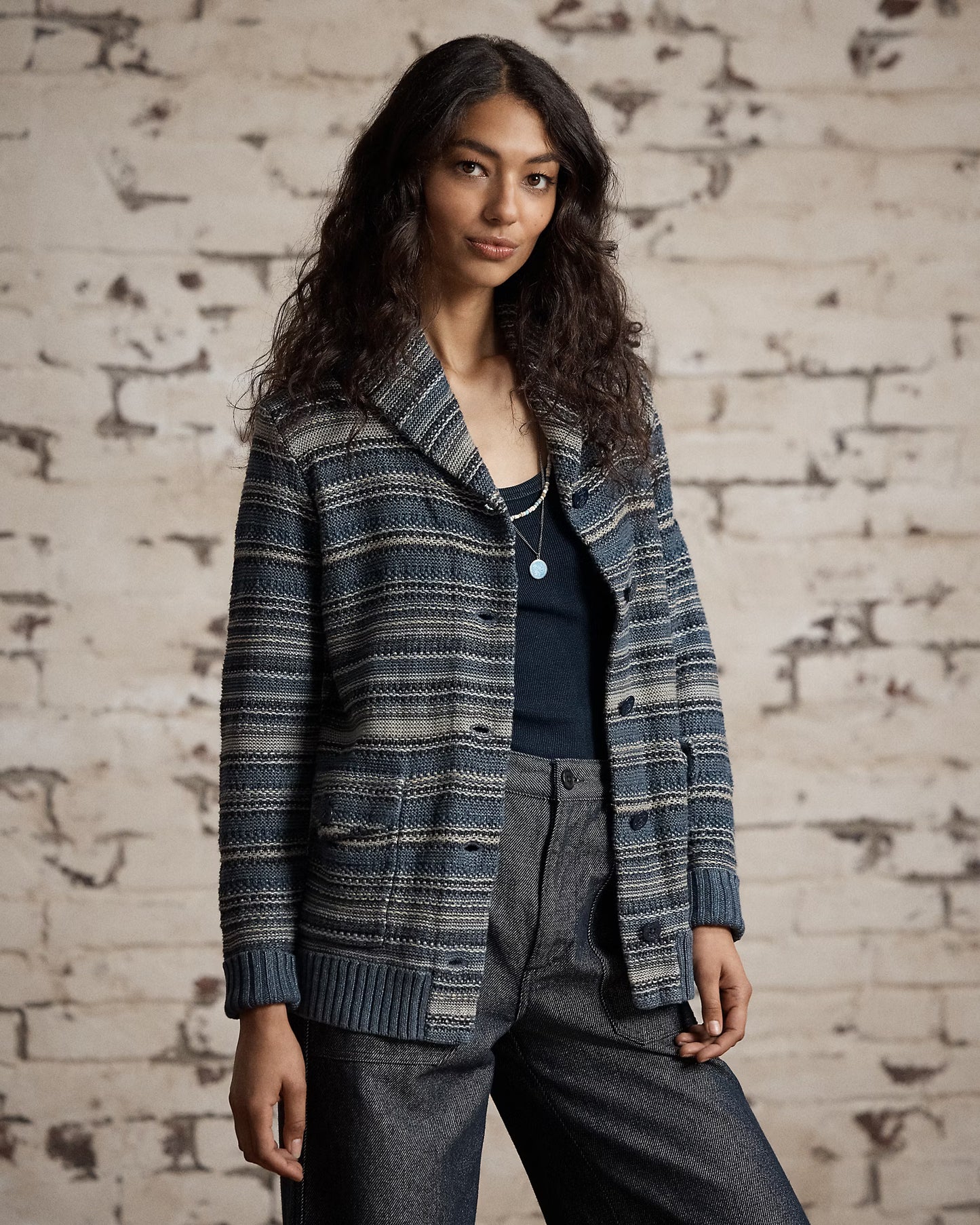 RRL Indigo Striped Linen Cotton Cardigan