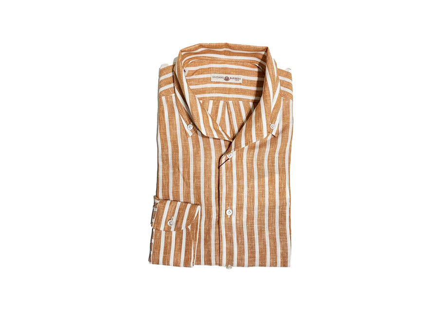 LUCIANO BARBERA Long Sleeve Linen Stripe Shirt (RUST)