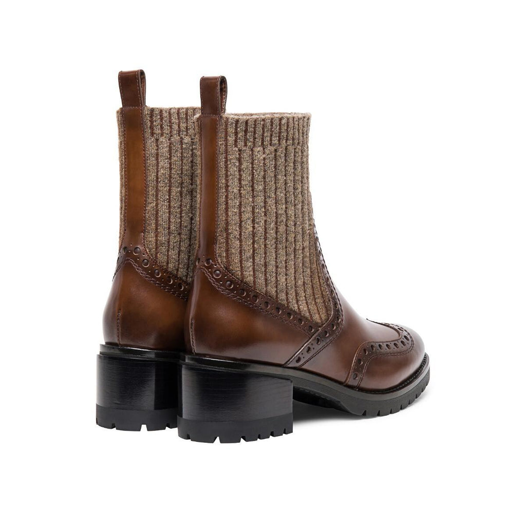 SANTONI Women's Brown Leather Low-Heel Brogue Sock Style Ankle Boot